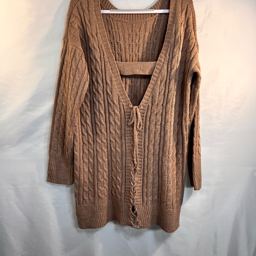Elegant Long Cable Knit Women's Cardigan Sz Md Dk Taupe NEW  100% Acrylic